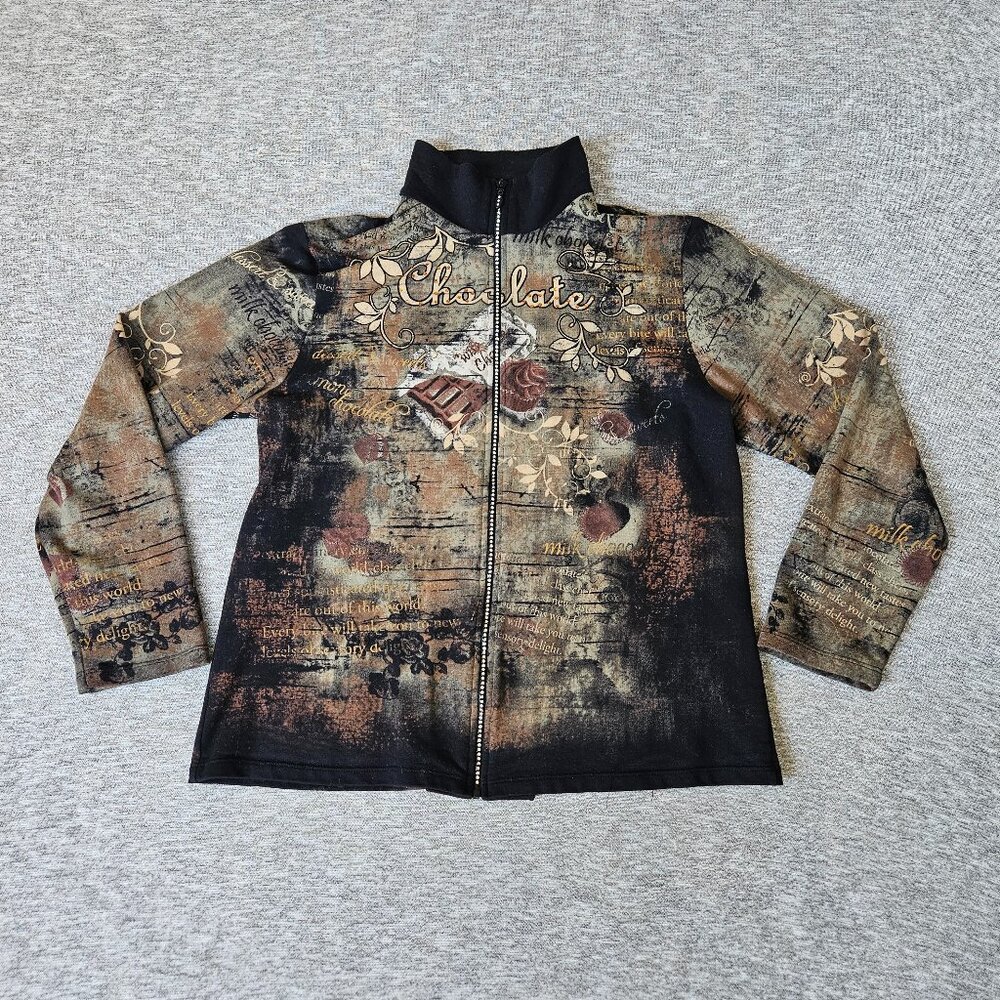 Jess & Jane Jacket Womens XL Artsy Zip Rhinestone Chocolate Sweater Dark Floral